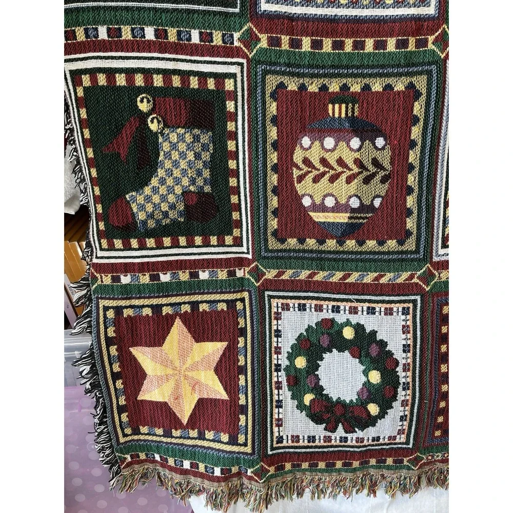 Vintage Christmas Woven Tapestry Afgan Snowman Tree Ornaments ThrowBlanket 48x64